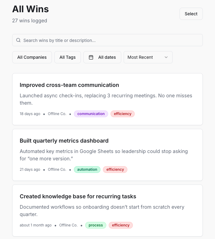 all wins screen in brag doc