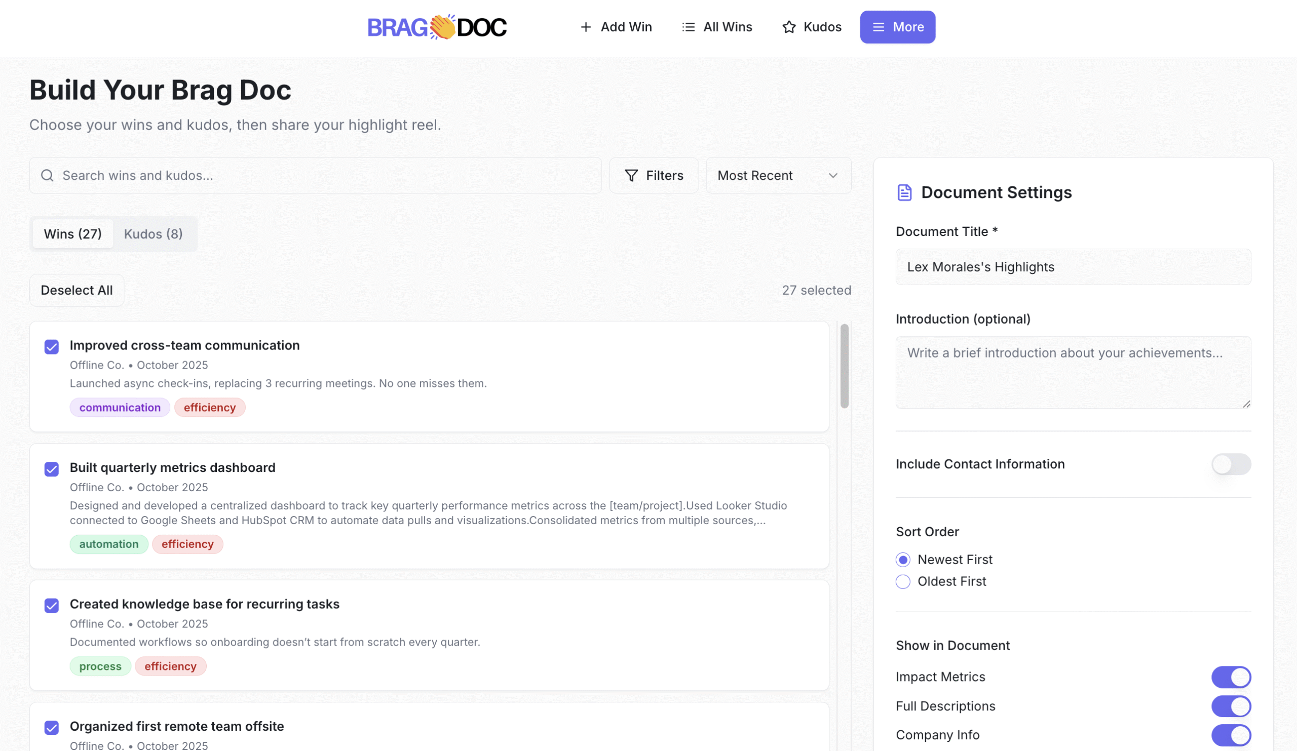 brag document builder in brag doc