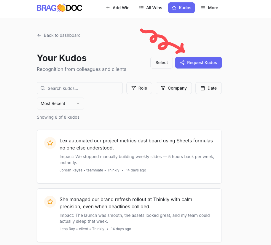 request kudos in brag doc